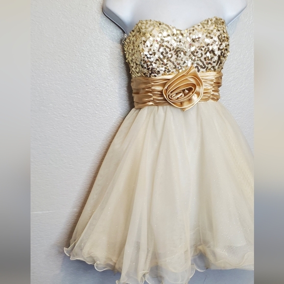 Champagne Gold Satin Sequin Tulle Strapless Mini Cocktail Party Dress Size 6/7 - Picture 3 of 9